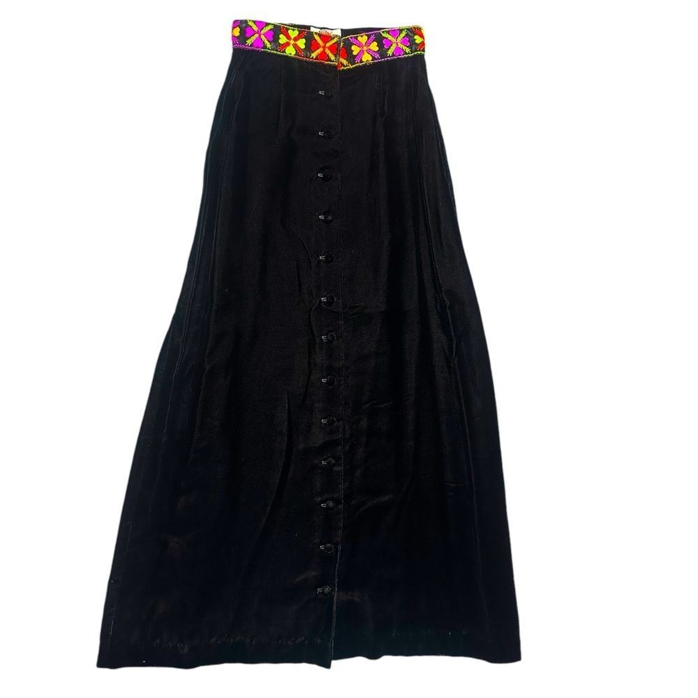 Vintage Lanz Velvet Maxi Skirt – Embroidered Waist, Size 7